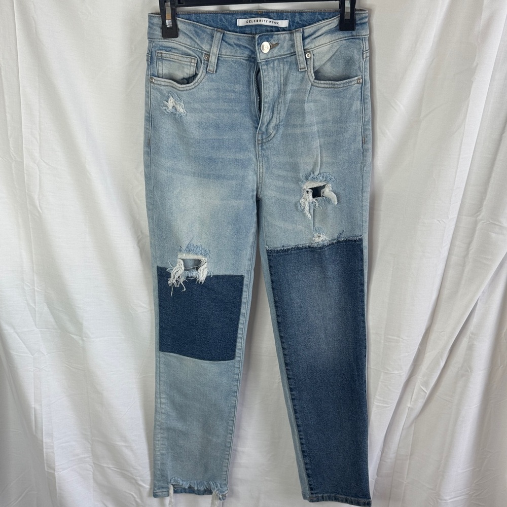 Celebrity Pink Two-Tone Straight Leg Patchwork Jeans - Light & Dark Blue